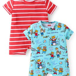 Babyhug 100% Cotton Knit Half Sleeves Rompers with Stripes & Animal Pack of 2 - Red & Light Blue-image-94