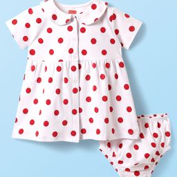 Babyhug Cotton Woven Half Sleeves Polka Dot Printed Front Open Frock With Bloomer - White-image-17