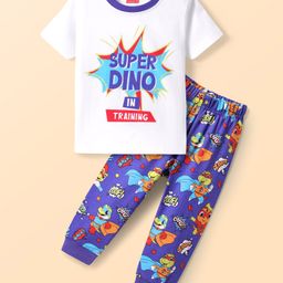 Babyhug Cotton Knit Half Sleeves Night Suit with Dino Print - White & Blue-image-71