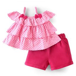 Babyhug Single Jersey Knit Cold Shoulder Sleeeve Top & Shorts Set with Polka Dots & Bow Applique - Dark Pink-image-95