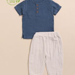 Cot & Candy Organic Cotton Half Sleeves Solid Tee & Lounge Pant Set - Navy Blue & Oatemeal-image-95