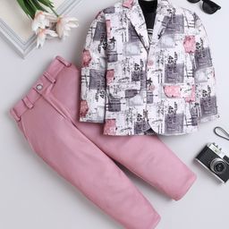 Fourfolds Cotton Blend Full Sleeves Abstract Printed Blazer With Tee & Trousers Set - Pink-image-24