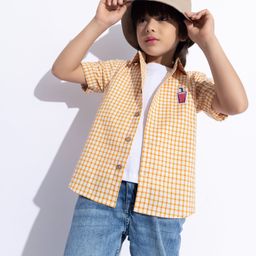 Taffykids Cotton Blend Half Sleeves Checked Juice Patch Detailed Shirt With Attached Tee - Yellow & White-image-61
