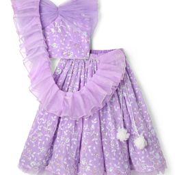 Babyhug Woven Sleeveless Choli Lehenga Set & Dupatta With Sequin Floral Embroidery & Lace Detailing - Lavender-image-62