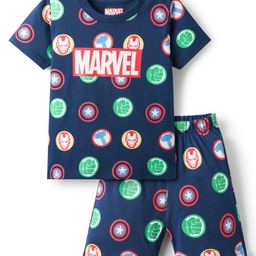 Babyhug Single Jersey Knit Half Sleeves Short Co-ords Night Suit With Marvel Graphics - Navy Blue-image-2