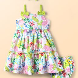 Babyhug Cotton Woven Sleeveless Floral Printed Frock With Bloomer & Headband - White-image-48
