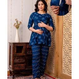 CeleBravo Rayon Three Fourth Sleeves Floral Printed Maternity Kurta With Nursing Access & Pant Set - Teal Blue-image-92