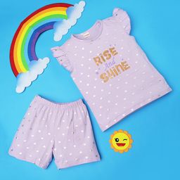 RAINE AND JAINE Cotton Knit Frill Sleeves Rise And Shine Text Printed Coordinating Night Suit Set - Purple-image-56