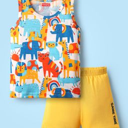 Babyhug 100% Cotton Single Jersey Knit Sleeveless Sando & Short Set With Animal Print - Yellow-image-103
