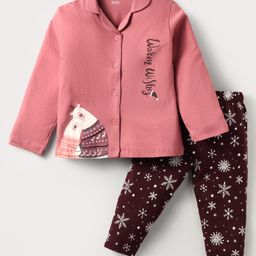CUCUMBER Sinker Knit Full Sleeves Night Suit With Animal Print - Pink-image-76