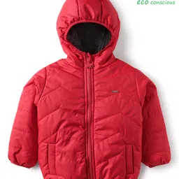 Babyoye Woven Full Sleeves Solid Padded Hooded Jacket - Red-picture-2