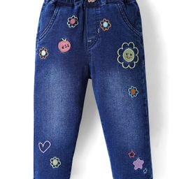 Olio Kids Denim Woven Full Length Jeans With Floral Embroidery - Navy Blue-image-51