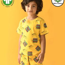 Anthrilo 100% Organic Cotton Knit Half Sleeves Keep It Poppin Text Printed Coordinating Night Suit Set - Yellow-image-44