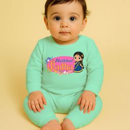 The Peppy Tend 100% Cotton Knit Janmasthami Theme Full Sleeves Natkhat Radha Text Printed Romper - Sea Green-image-69