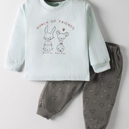 Pink Rabbit Single Jersey Knit Full Sleeves T-shirt & Lounge Pant Set with Bunch of Animal Friends Print - Light Blue & Grey-picture-5