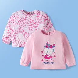 Doodle Poodle 100% Cotton Knit Full Sleeves Tops with Bunny & Rainbow Print Pack of 2 - White & Pink-picture-15