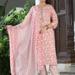 G4Girl Women Floral Printed Regular Pure Cotton Kurta with Trousers & With Dupatta-picture-1