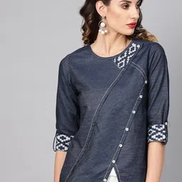 KALINI Roll-Up Sleeves Denim Wrap Top-image-52