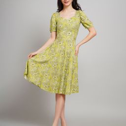 Gora Glama Women Floral Print Sweetheart Neck Puff Sleeve A-Line Dress-image-99