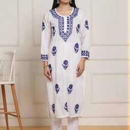 MALABIS.in White Base Mulmul Straight Fit Long Chikankari kurti With Colorful Threadworks-image-63