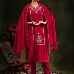 KALINI Women Embroidered Regular Beads and Stones Velvet Kurta with Trousers & With Dupatta-image-61