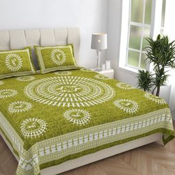 Monik Handicrafts Green & White Printed 144 TC Cotton King Bedsheet Set 2.28 m x 2.62 m-image-40