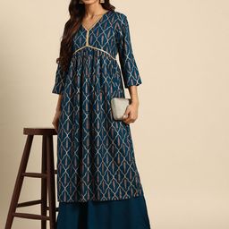 all about you Ethnic Motifs Foil Print Gotta Patti Detail Kurta with Palazzos-picture-2