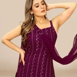 PARROT CREATION Women Embroidered Regular Sequinned Kurti with Sharara & With Dupatta image 4