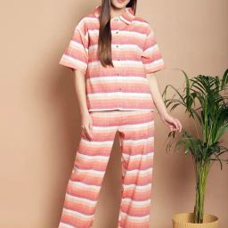 Kanvin Orange Cotton Printed Shirt Pyjamas Set-image-96