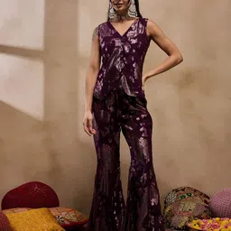 MABISH by Sonal Jain Woven Design V-Neck Sleeveless Waistcoat With Trouser-image-61