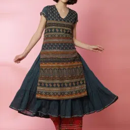 Biba Blue Embellished Straight Kurta With Mask-image-32