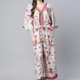 Ahalyaa Beige & Pink Floral Print Jumpsuit-image-46