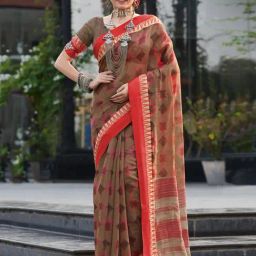 Saree Mall Brown Linen Printed Saree With Unstitched Blouse-picture-32