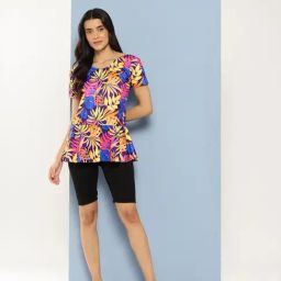 Aarika Yellow Nylon Printed Short Sleeves Swimsuit With Cap-image-83