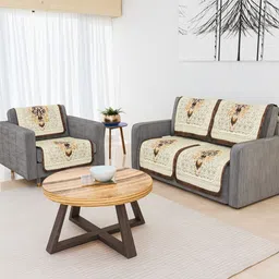 Aura Cream-Coloured & Yellow Printed Cotton Sofa Cover-picture-1