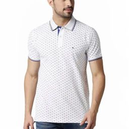 Basics White Muscle Fit Printed Polo T-Shirt-image-16