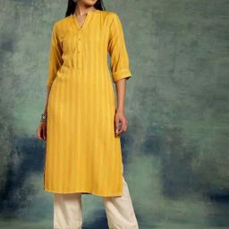 Libas Yellow Straight Fit Striped Kurtas-image-49
