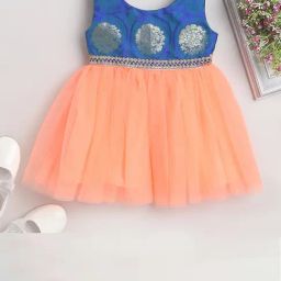 Many Frocks Kids Blue & Peach Self Design Dress-image-98