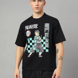 Free Authority Black Loose Fit Demon Slayer Print T-Shirt-image-35