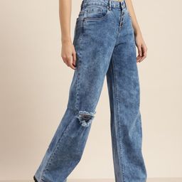 Moda Rapido Women Blue Wide Leg Highly Distressed Light Fade Stretchable Jeans-image-70