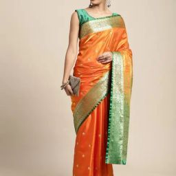 House Of Begum Orange Banarasi Katan Silk Saree With Buti Work With Blouse Piece-image-1