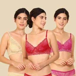 AROUSY Maroon & Beige Self Pattern Bra Panty Set - Pack Of 3-image-85