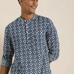 Taavi Men Blue & White Ethnic Motifs Block Print Legacy Sustainable Printed Kurta-image-84