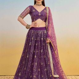 FABPIXEL Embroidered Sequinned Net Semi-Stitched Lehenga & Unstitched Blouse With Dupatta-image-83