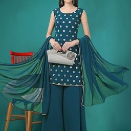 PARROT CREATION Geometric Embroidered Sequinned Georgette Kurti with Sharara And Dupatta-image-94