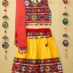 Banjara India Navratri Theme Sleeveless Kutchi Embroidered Chaniya Choli With Dupatta - Yellow-image-80