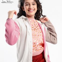 Arias Cotton Full Sleeves Rib Knit Front Open Hooded Sweater - Pink & White-image-14