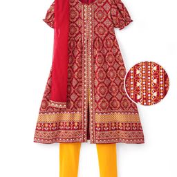 EARTHY TOUCH 100% Cotton Knit Half Sleeves Printed Kurta & Leggings with Dupatta Ikat Print- Orange & Red-image-20