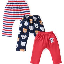 Babyhug Cotton Full Length Diaper Pants Striped & Teddy Print Pack Of 3 - Red White & Blue-image-47