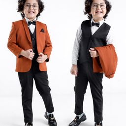 Babyhug Woven Full Sleeves Stretch Fit Five Piece Party Suit Solid Colour-  Rust & Black-image-85